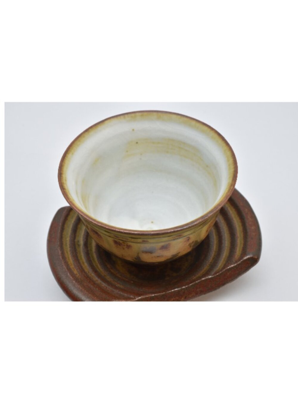 Redware Sake / Tea cups with Saucers, Brown, Yellow, Red - Picture 2 of 8